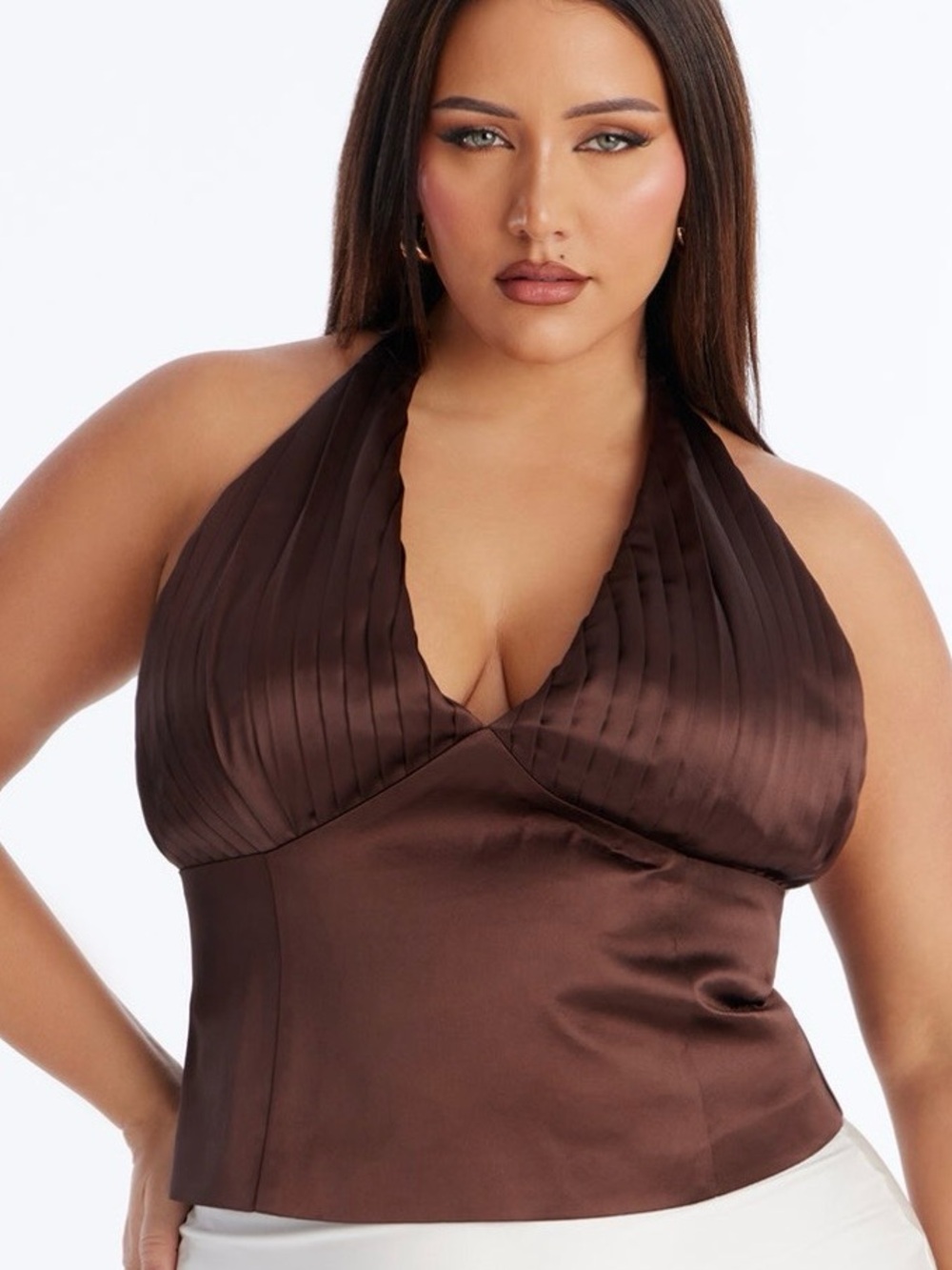 Fashion Nova Brown Pleated Satin Halter Cami
